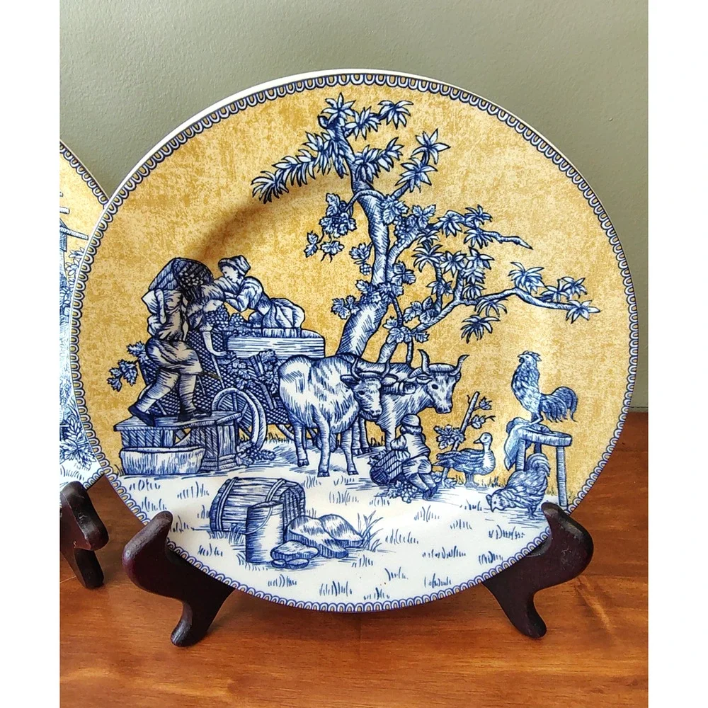 Set of 3 American Atelier Porcelain Salad Plates English Toile Blue Deco 5076